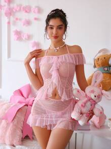 PetitDoll 3pcs Women's Lightweight Sheer Ruched Sexy Lingerie Set - Pink - View 4
