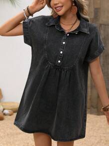 Breezaya Fashionable Women Denim Collared Dress, Distressed & Flattering - Dark Grey - View 3