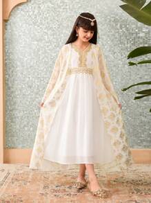 2pcs Set Tween Girl Long Sleeve Coat And Dress - White - View 1