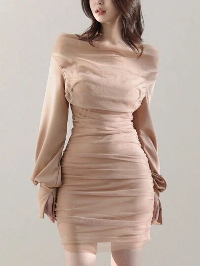 DAZY Dam Elegant Enfärgad Mesh Draperad Hals Monterad Mini Klänning Elegant