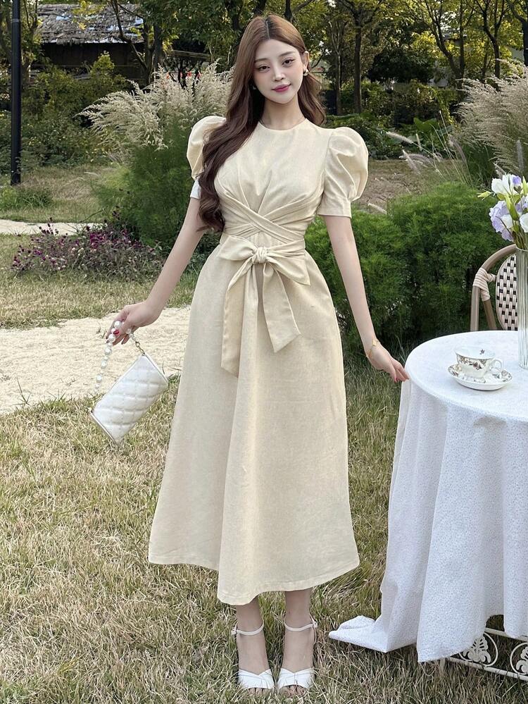 Women's Bowknot Lantern Sleeve Midi Dress Sundress Linen