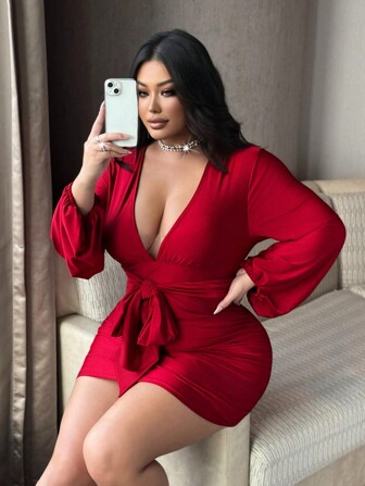 NU&NOW Vestido de Día de San Valentín para mujer de talla grande, color rojo, de manga farol, con volantes y lazo, ajustado