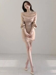 DAZY Women's Elegant Solid Color Mesh Draped Neck Fitted Mini Dress Elegant - Khaki - View 7