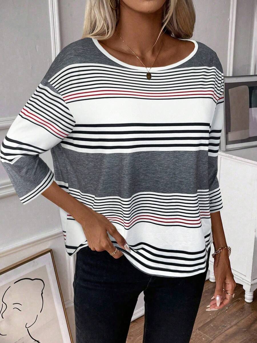 EMERY ROSE Women's Summer Casual Colorblock Striped Crew Neck 3/4 Sleeve T-Shirt Graphic Tees Women Tops Fall Cloth For Women