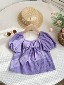 LMoss Kids LMoss 年轻女孩编织纯色泡泡袖休闲衬衫