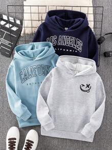 Set de 3 sudaderas con capucha de manga larga con estampado gráfico y de letras en estilo casual y de moda para niños/preadolescentes, 2 + 1 gratis, apropiadas para ir al trabajo, la escuela, el día a día, las vacaciones, los deportes, primavera, verano, otoño e invierno