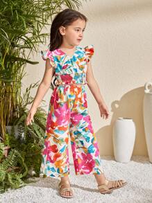 Set de 2 piezas: Blusa con volantes con estampado floral diminuto tejido y pantalón ancho suelto con el mismo estampado floral diminuto tejido para niñas jóvenes