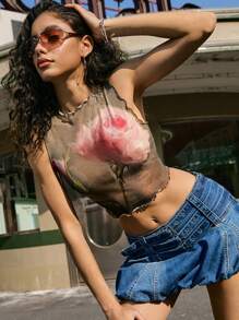 Easelle Women's Vintage Sexy Rose Pattern Semi-Sheer Mesh Fitted Cropped Camisole