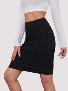 SHEIN BASICS Falda unicolor tejida de canalé - Negro - Ver 3