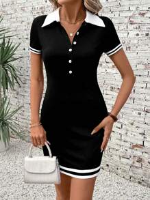 SHEIN LUNE Women's Spring/Summer Casual Sexy Short Sleeve Mid-Length Dress, Shoulder V-Neck Half-Button Front, Fitted Silhouette, Contrast Color Collar, Sleeve Cuff And Hem