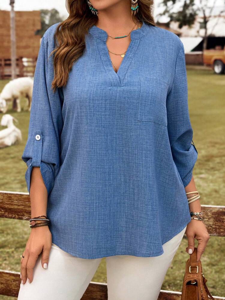 Plus Size Women Solid V-Neck Roll Sleeve Blouse,Western Wear Women,Spring/Summer/Vacation