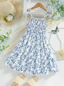 Young Girls Elegant Floral Print Strap Long Dress, Featuring Bowknot Shoulder Straps, Flared Dress Hem With Ruffle, Charming & Fashionable, Suitable For Spring/Summer Holiday, Best Birthday Gift