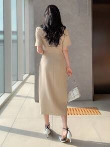 DAZY Đầm suông dài vừa phải xếp ly cổ bẻ màu trơn cho nữ thanh lịch - Màu Khaki - Xem 2