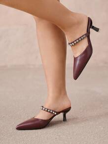 CUCCOO CURVES Plus Size Brede Versie Puntige Neus Bordeaux Stiletto Muiltjes, Elegante Hoge Hakken, Open Hak, Geschikt Voor Alle Seizoenen Valentijnsdag