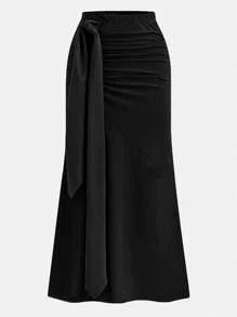 SHEIN Clasi Damen Mode Lässig Sexy 2-teiliges Set: Tiefer V-Ausschnitt Geraffter Schultersplitt Figurbetont Bodysuit & Maxirock mit Bindeband Fischschwanz, Schwarzes geripptes Strickmaterial, Frühling/Sommer