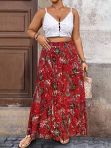 Breezaya Plus Size Women Printed Textured Design Ruffle Detail Skirt, Suitable For Vacation And Daily Commute