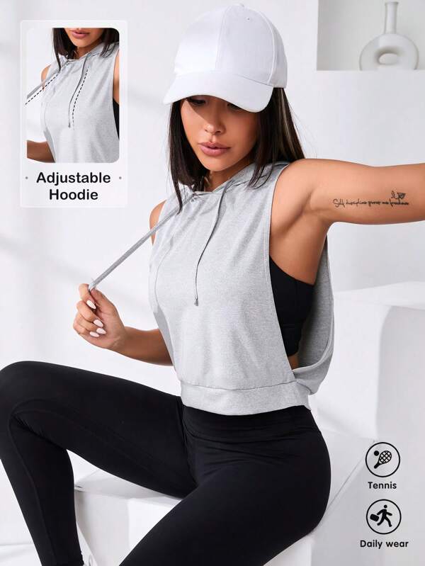 SHEIN With My Calm Cut Out Drawstring Sports Hoodie Cropped Hoodie