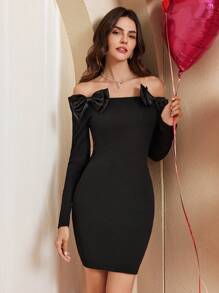 Chiquease Damen Figurbetonte Off-Shoulder Minikleid mit Schleifendekor