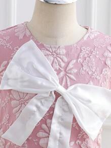 Girls Jacquard Floral Round Neck Sleeveless Bowknot Waist Dress, Pink - Multicolor - View 7