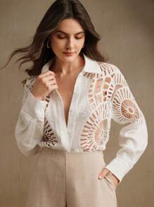 Anewsta Camisa de mujer con cuello versátil de encaje soluble y empalme hueco, para primavera/verano