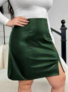 SHEIN Frenchy Plus Size Solid Color Split Hem Fitted Skirt, Casual Everyday Wear - Dark Green - View 6