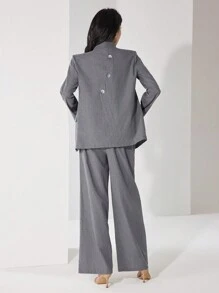 Heiryn Women's Front Button Long Sleeve Simple Casual Pocket Suit Jacket - Grey - View 2
