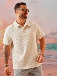 EASEVO Camisa polo de punto de manga corta y corte holgado en color beige para hombres de talla grande
