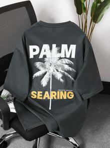 Manfinity RSRT Camiseta de manga corta casual para hombres con estampado de letra tropical de palma, para salir, regalo para el novio