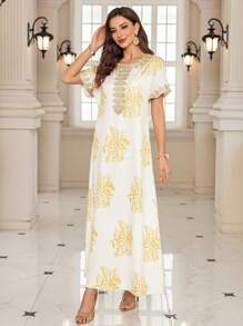 Al Najma Women's Elegant Long Metallic Printed Arabic Style Dress