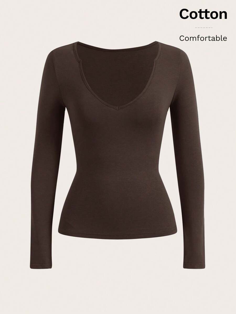 Tseoso Solid V Neck Tee - Coffee Brown - View 1