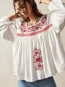 Bohemela Áo cánh thêu dệt màu đơn giản cho nữ - Đỏ và trắng - Xem 4