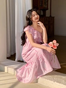 DAZY Floral Ruffled Asymmetric Neck Midi Dress For Women Sundress,Casual Women Dresses - Pink - View 1