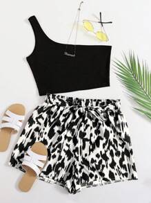 SHEIN VCAY Plus One Shoulder Top & Allover Print Belted Summer Shorts