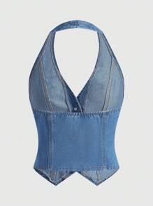 SHEIN MOD Women's Denim Sleeveless Halter Cropped Top, Blue, Casual Fitted, Vintage