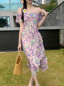 DAZY Vestido de verano de tirantes caídos con volantes y estampado floral pequeño para vacaciones informales, vestido de cuello barco tipo corset para el sol
