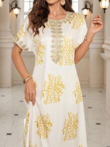 Al Najma Women's Elegant Long Metallic Printed Arabic Style Dress