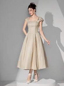 Poshira Women Elegant Solid Color Square Neck Pleated Hem Formal Evening Gown, Vintage Dress,Women Spring And Summer Fashion Party Party Date Holiday Wedding Celebrity Dress Dress, Fashionable Waist And Large Dress, Wedding Guest Dress, Prom Dress