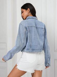 SHEIN PETITE Women Short Single Breasted Casual Denim Jacket, Long Sleeve