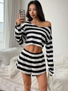 SHEIN EZwear 2-delige damesset met contrasterende strepen en cropped top en shorts