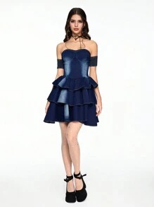 ROMWE Fairycore Women's Sexy Off Shoulder Ruffle Hem Denim Slip Dress
