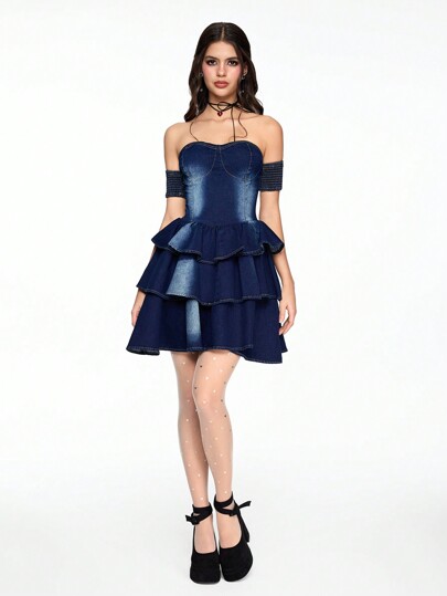 Fairycore Women's Sexy Off Shoulder Ruffle Hem Denim Slip Dress