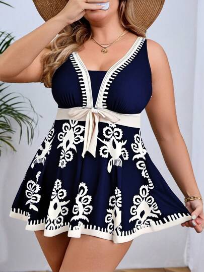 SHEIN Swim Curve Vestido de traje de baño sin mangas con estampado de bloques de color para tallas grandes