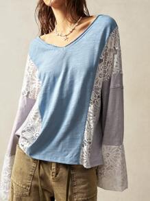 Bohemela Boho Knit Patchwork Loose Drop Shoulder Long Sleeve Women T-Shirt - Blue and White - View 7
