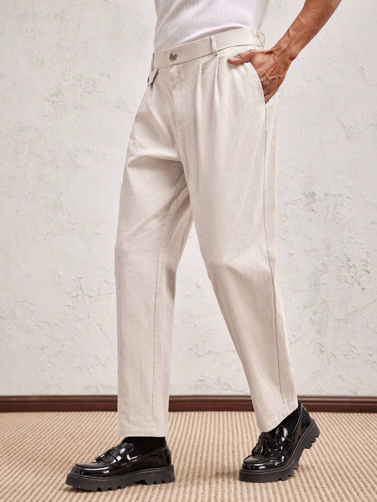 メンズ ベージュ 100%コットン ヘリンボーン織り ロング ミドルウエスト ストレートレッグ テーパード カジュアルパンツ、デイリーウェアやバケーション、卒業祝いにも適しています