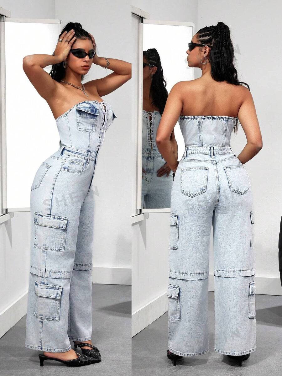 SHEIN ICON Mono de pierna ancha con bolsillos y detalle de amarre delantero para mujer