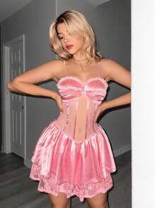 Sweetina Elegante mini vestido deslizante con encaje translúcido y parche en la cintura