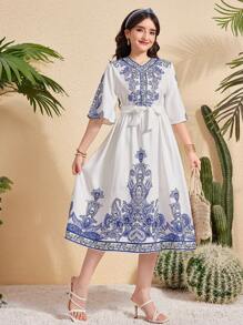 少女优雅复古印花连衣裙，V 领，喇叭袖，收腰，荷叶边下摆中长连衣裙 - 白色 - 查看 5