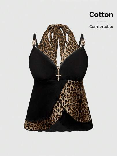 Grunge Punk Y2K Gyaru Fashion Metal Cross Accessories 2 In 1 Leopard Print Asymmetric Hem Camisole