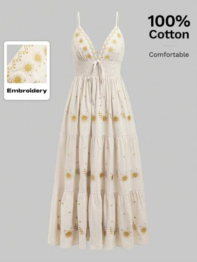 Fairycore Women's Renaissance Casual Holiday Star Embroidery Spaghetti Strap A-Line Dress