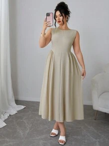 Elenzga Đầm chữ A không tay cổ tròn thanh lịch màu trơn cỡ lớn cho nữ - Màu be - Xem 8